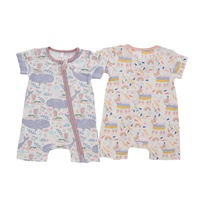 Combinaison courte en 95% Viscose de bambou 5% Spandex pour nouveau-né, vêtements unisexes pour bébé, manches courtes, fermeture éclair, barboteuse imprimée