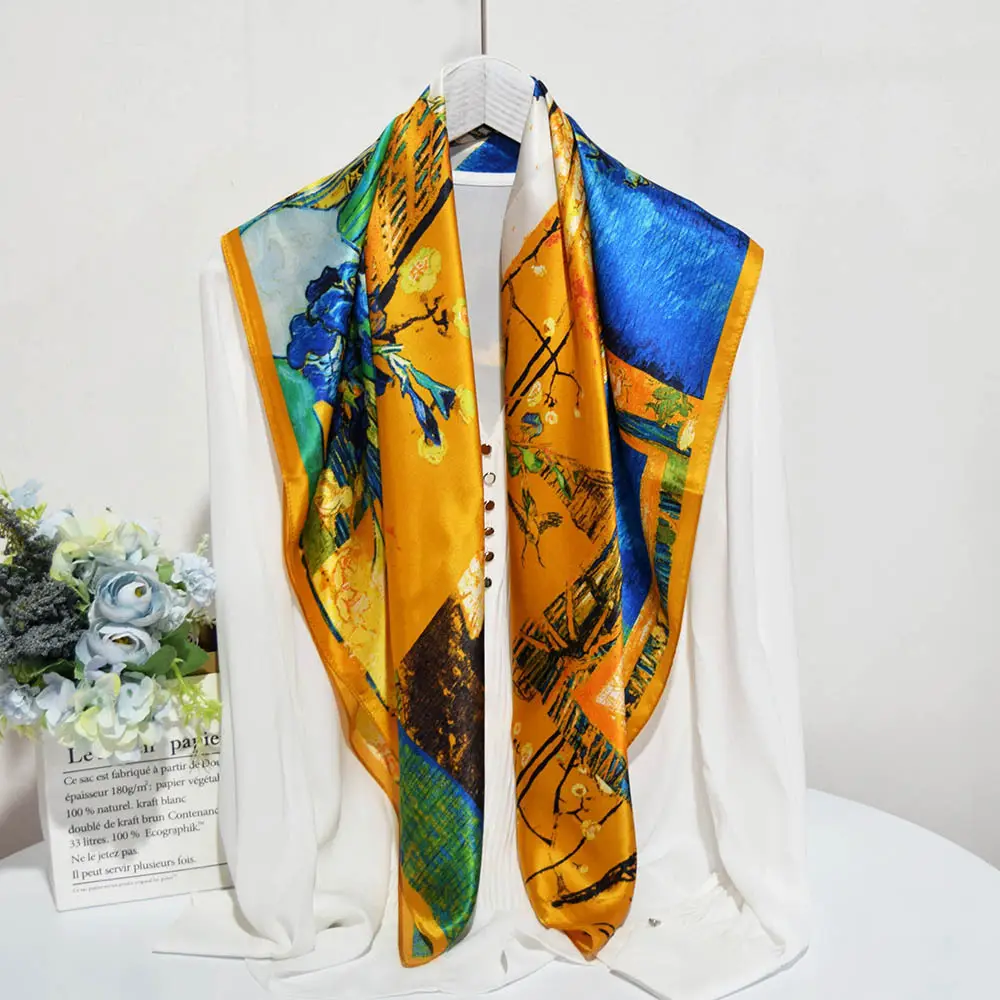 Bufanda de seda 2022 personalizada, pañuelo de seda 100% de tendencia, 90x90, Cuadrado bordado a mano, Sarga de seda pura, impresión digital