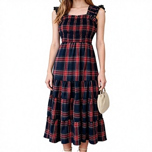<b>Plaid</b> Midi <b>Dress</b> With Ruffles Square Neck Sleeveless A-Line Casual Autumn Cotton Blend <b>Dress</b> - Product Image 3