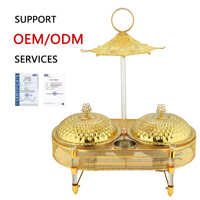 ORIX 6L Plat de service moderne et élégant à double compartiment en acier inoxydable avec couvercles dorés à motif diamant, chauffe-plat de buffet pour banquets