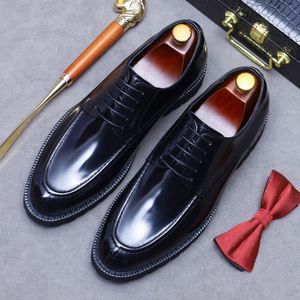 Men's Luxurious Shiny Leather <b>Pointed</b> Dress Shoes, Lace-up Style, Brown New Waterproof - Suitable for Weddings - Product Image 3