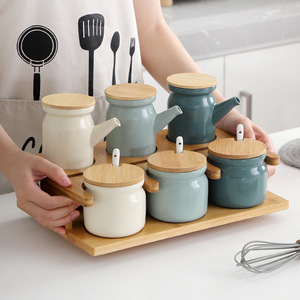 Articoli per la casa all'ingrosso stoviglie Dispenser di olio e aceto Set di barattoli di stoccaggio Set di barattoli di spezie in ceramica nordica con supporto - Product Image 1