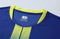Maillot de football personnalisé 2627, design à rayures verticales bleu et lime, uniforme d'équipe, impression DIY du nom et du numéro