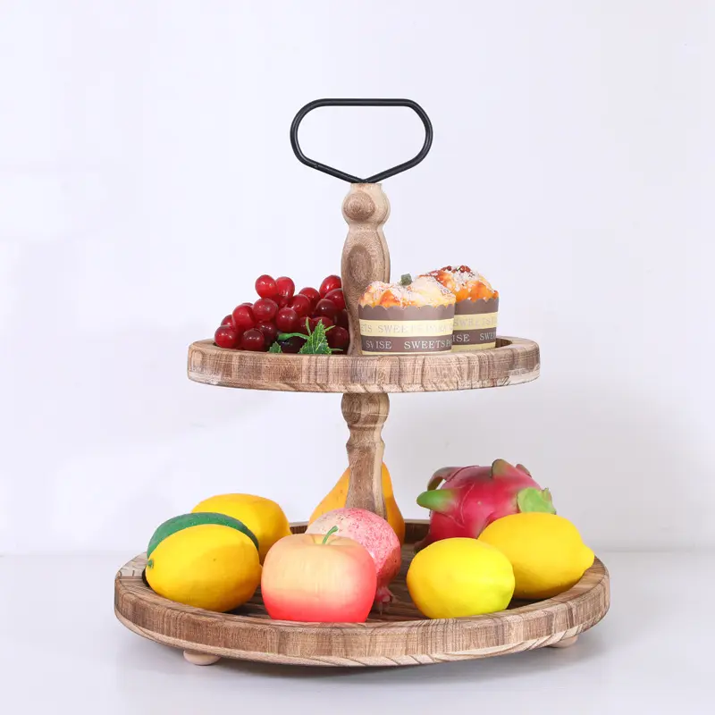 Hot Sale Wooden Farmhouse Round Tiered Tray Home Decor with Beads