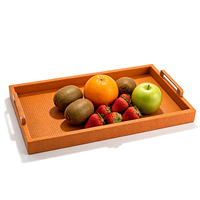 Plateau de service empilable à un niveau en cuir PU tressé orange personnalisé, moderne, luxueux et durable, avec poignées, pour l'organisation de la maison et de la cuisine