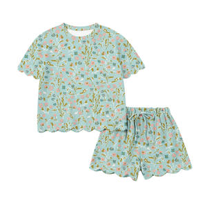 Nouveaux ensembles de shorts pour filles en tissu peigné respirant avec imprimé nœuds floraux personnalisés, bord festonné, en élasthanne/coton - Product Image 2