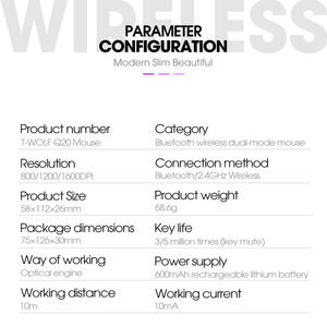 Souris sans fil T-WOLF X1 BT 2.4GH Ultra-mince Souris optique bon marché Souris silencieuse rechargeable 1600DPI pour ordinateur portable <span class=keywords><strong>mac</strong></span> Pc - Product Image 6