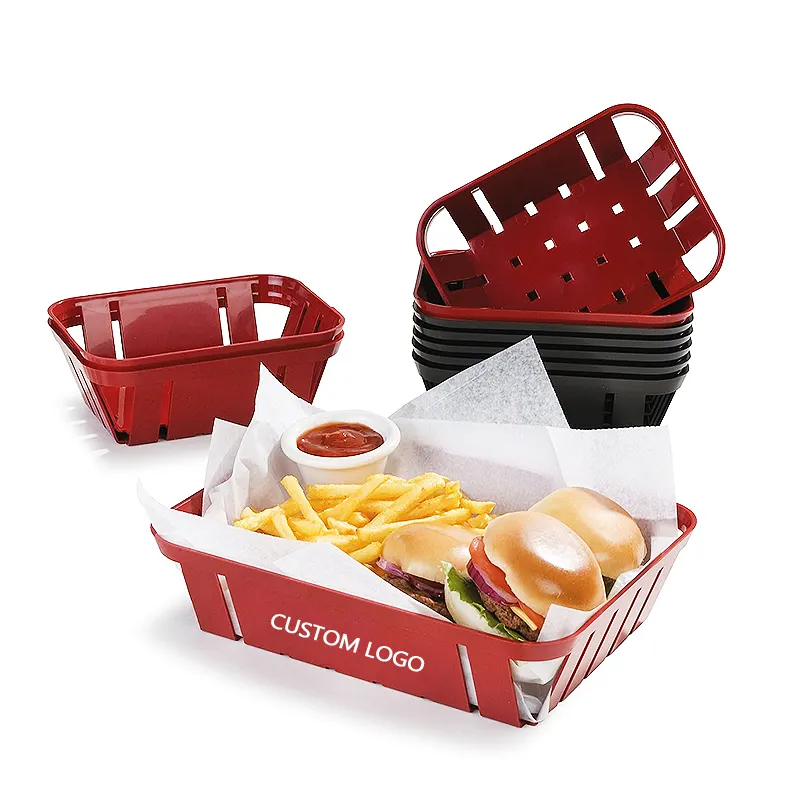 Cesto di cibo in plastica rettangolare rosso Deli Hamburger piccolo cesto di frutta