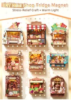 Hamaileon Aimant de réfrigérateur magnétique, Ornement en bois, Scène miniature de pâtisserie française, Artisanat en bois, Lumière LED, Fait main, Décoration murale
