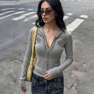 Women Floral Embroidery <b>Zip</b> Up Hoodie Slim Fit Grey Sweatshirt Jacket Casual Streetwear Long Sleeve Outerwear - Product Image 5