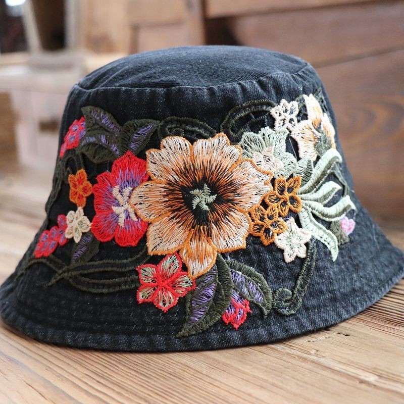 NWOT - Black Denim Bucket Hat with Blue Silk Flower Adornment Floral Embroidery Bucket Hat | Black Bucket Hat | Women Hat  main image 4