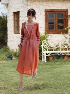 Vestido Maxi de Algodón y Lino para Mujer, Corte Regular, Manga Media, Cuello en V, Silueta en A, Ecológico, Transpirable, con Cinturón, Liso, Asimétrico - Product Image 6