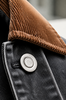 Chaqueta vaquera negra para mujer con cuello de pana marrón, abrigo vaquero oversize a la moda con botones plateados elegantes