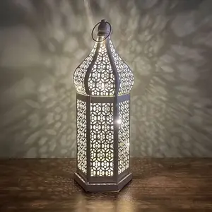 Eid presente retrô vazado lanterna led, ferro forjado a ouro grande, marrocos, lanternas decorativas, ramadã