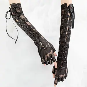 anime parmaksız eldiven Suppliers-Siyah dantel parmaksız eldiven dirsek steampunk bayan kostüm partisi kol isıtıcı seksi eldivenler Clubwear Cosplay aksesuarları