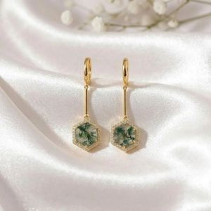 Natural Moss Agate Gemstone <b>Earrings</b> Hexagon Cut <b>Dangle</b> <b>Earrings</b> with Cubic Zirconia Accent in Sterling Silver or 18K <b>Gold</b> - Product Image 5