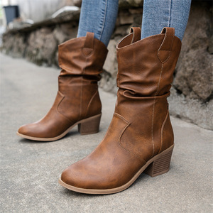 Bottines classiques de style western pour femmes, à talon bas, mi-mollet, à enfiler, avec empeigne plissée - Product Image 1