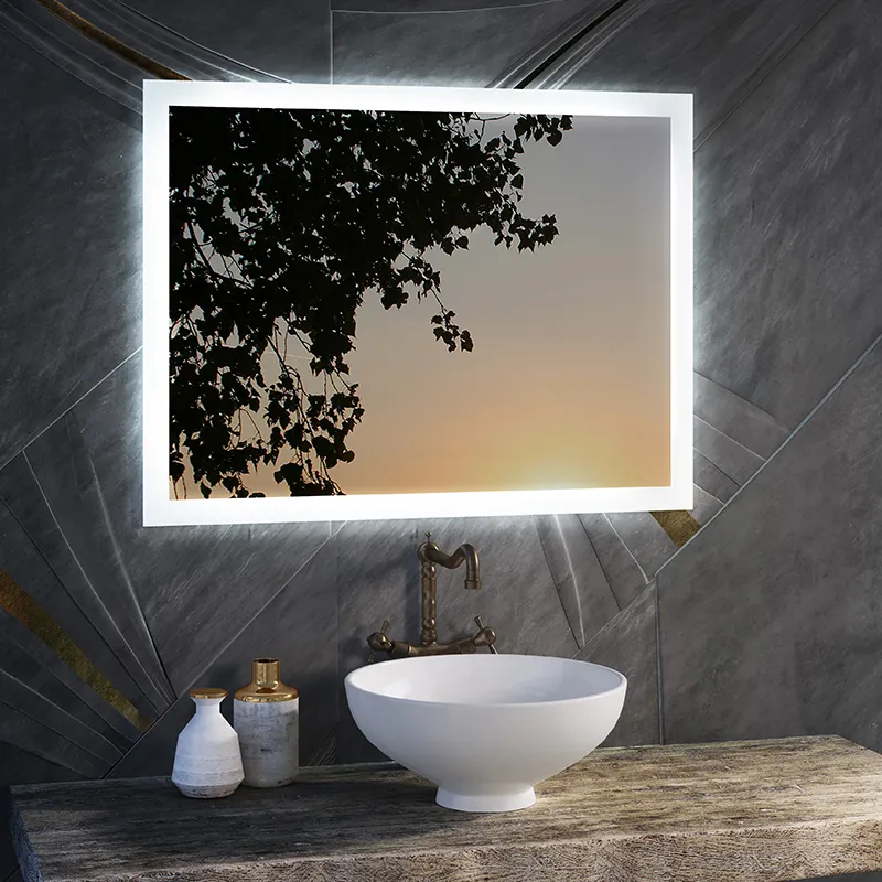 กระจกอาบน้ำขนาดใหญ่พร้อมไฟ LED แก้ว IP44ทรงสี่เหลี่ยมเรืองแสงสำหรับตกแต่งห้องน้ำสมัยใหม่