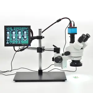 7X-45X Table Pillar Stand Zoom Magnification Binocular Stereo Microscope Inspect PCB + 14MP Microscope Camera + 8'' LCD Monitor