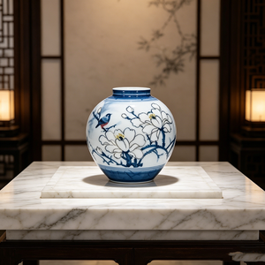 <span class=keywords><strong>Vase</strong></span> en <span class=keywords><strong>porcelaine</strong></span> bleu et blanc avec motif de magnolia et d'oiseaux peint <span class=keywords><strong>à</strong></span> la main pour une décoration élégante de la maison - Product Image 1