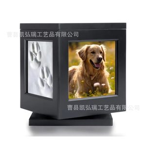 Cross-border wooden rotating framed pet memorial box, wooden <b>cat</b> and dog rotating base funeral <b>urn</b> with nameplate. - Product Image 1