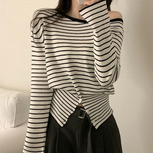 Top de punto a rayas de un solo hombro con manga larga, cintura ajustada, estampado digital, corte ajustado, casual, versátil, básico, para otoño. - Product Image 1