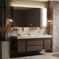 Mueble de Baño Moderno de Madera Maciza Estilo Retro Francés con Lavabo Individual y Doble, Espejo LED Inteligente/Gabinete con Espejo