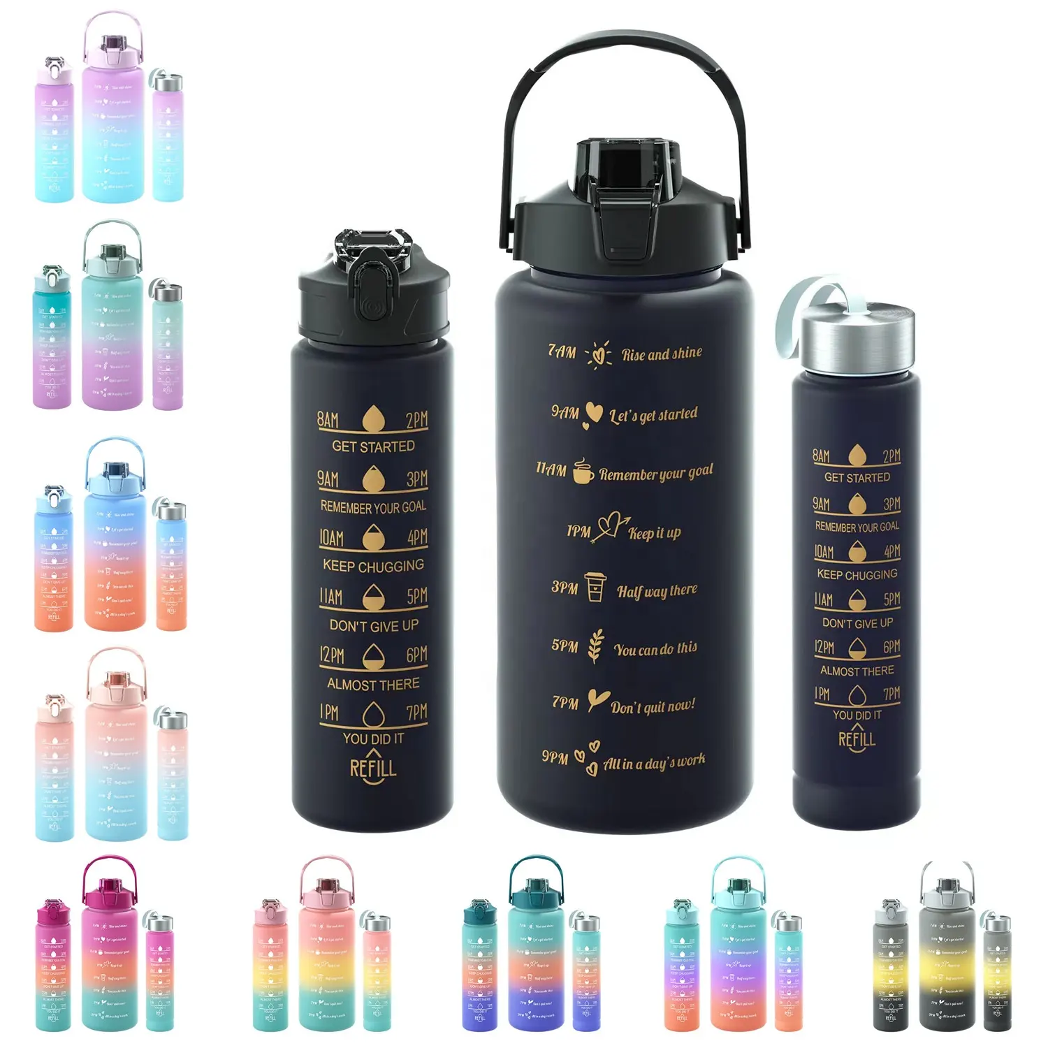 3 Pcs In 1 Set Bouteille de sport en plastique Gym Fitness Bouteilles d'eau de motivation avec paille sans BPA Botella de agua