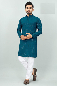 Ensemble Kurta et Pyjama en Rayonne avec Broderie Chikan pour Hommes, Tenue Traditionnelle de Fête, Exporté d'Inde - Product Image 3