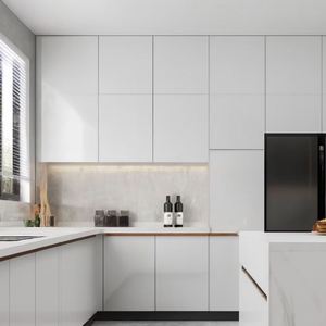 Ensemble de cuisine en forme de L SANTOPOVA moderne, blanc brillant, avec finitions en bois et appareils électroménagers intégrés - Product Image 1