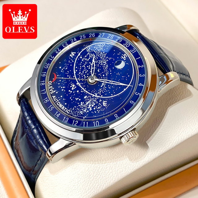 OLEVS 9923 Mechanical Watch for Men Dial Rotating Second Wrist Watch Luminous Star Moons Watch