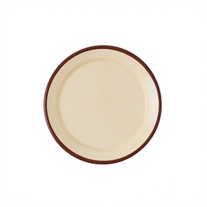 Assiette Plate Moderne Crème avec Bord Marron en Métal Émaillé – Vaisselle de Haute Qualité - Product Image 1