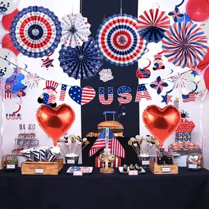 Independent Day 4th Of July Decorations American Flag Swirls Paper Fan For Independent Day Party Balloon Banner Set