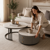 Ensemble de tables basses extensibles en pierre italienne couleur crème, style luxe léger, moderne et minimaliste, pour salon, usage domestique, petite taille