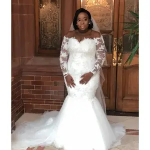 FA148 2022 African Mermaid Wedding Dresses Plus Size Long Sleeves Off Shoulder Vintage Lace Sheer Tulle Sweep Train