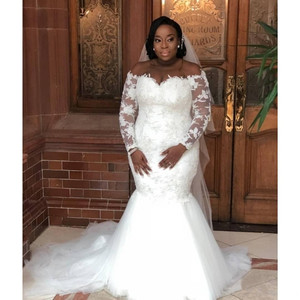 FA148 africano sirena abiti da sposa taglie forti a maniche lunghe <span class=keywords><strong>con</strong></span> spalle Vintage in pizzo puro <span class=keywords><strong>Tulle</strong></span> strascico - Product Image 1