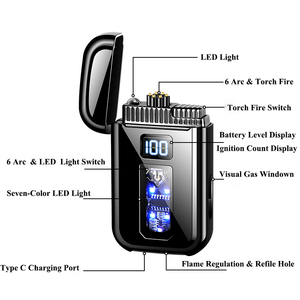 Encendedor de antorcha recargable de doble uso eléctrico de gas de arco de moda personalizado con logotipo de pantalla de energía a prueba de viento, regalo embalado - Product Image 3
