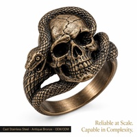 Anillo Envolvente Personalizado de Calavera Gótica y Serpiente, de Acero Inoxidable Fundido, Bronce Antiguo, Pesado, para Hombre, Estilo Oscuro, OEM ODM, Pedido al por Mayor