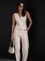 Vente en gros Ensemble pour femmes en coton et lin naturel Ensemble en lin mélangé avec col en V Gilet pantalon 2 pièces pour femmes Ensemble en lin