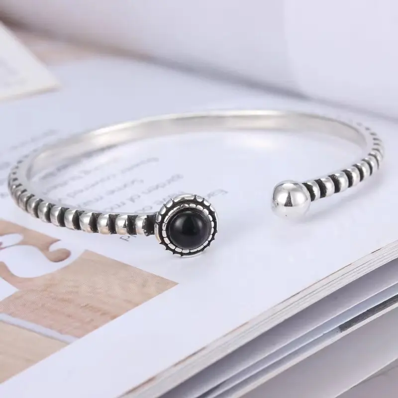 Pulsera de cadena de eslabones cubanos de piedra de ágata de ónix Natural negro de moda fina joyería mínima de Plata de Ley 925 para mujer señora