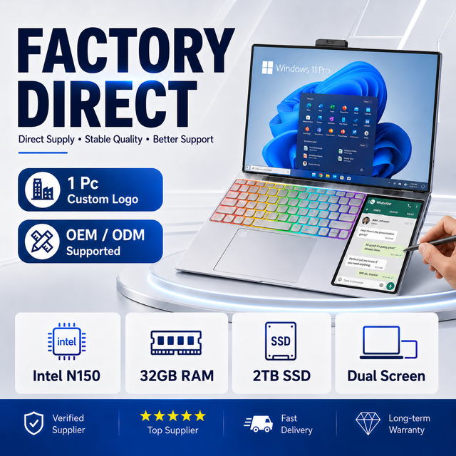 2026 White Label Wholesale 15.6 Inch Double Monitor Intel N150 RGB Dual Screen 16GB 32GB RAM 500GB Touch Office Business Laptop