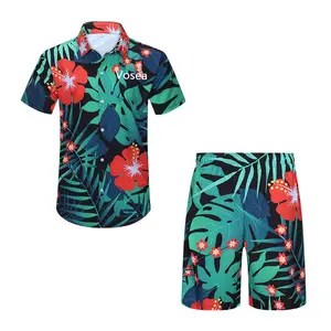 Custom Cool Summer Sublimation Print Men's Short Sleeve Hawaiian Shirts and Shorts Beach Wear 2 Pieces Set 4 Way Stretch Fabric