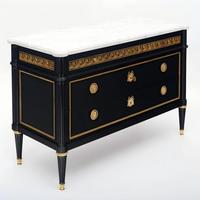 Commode de luxe néoclassique française en bois massif noir et or avec plateau en marbre pour entrée et chambre à coucher