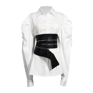 2024 Summer Fashion Set New Arrival Pu Zipper Corset Puff Sleeve Women Blouse Shirt Cotton Casual Trade Assurance Woven Long