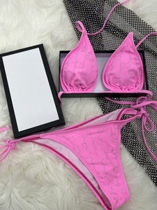 Costume da bagno Bikini a vita alta da donna slip solidi traspiranti e abito da bagno a fascia triangolare con motivo a maglia a due pezzi - Product Image 5