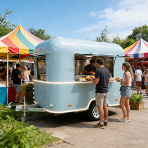 Camion de restauration mobile commercial de 16 pieds, bleu, style Airstream, pour hamburgers et pizzas, avec équipement de cuisine <span class=keywords><strong>complet</strong></span> sur roues, en vente en UE - Product Image 1