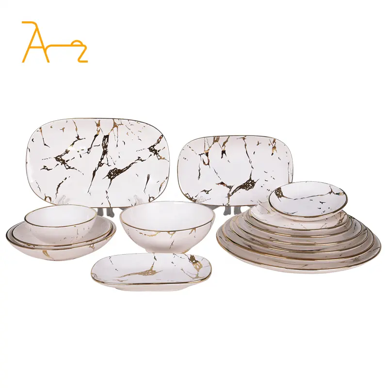Hotel Restaurant wedding plates set gold painted pattern luxury style fine bone china tableware porcelain dinner sets