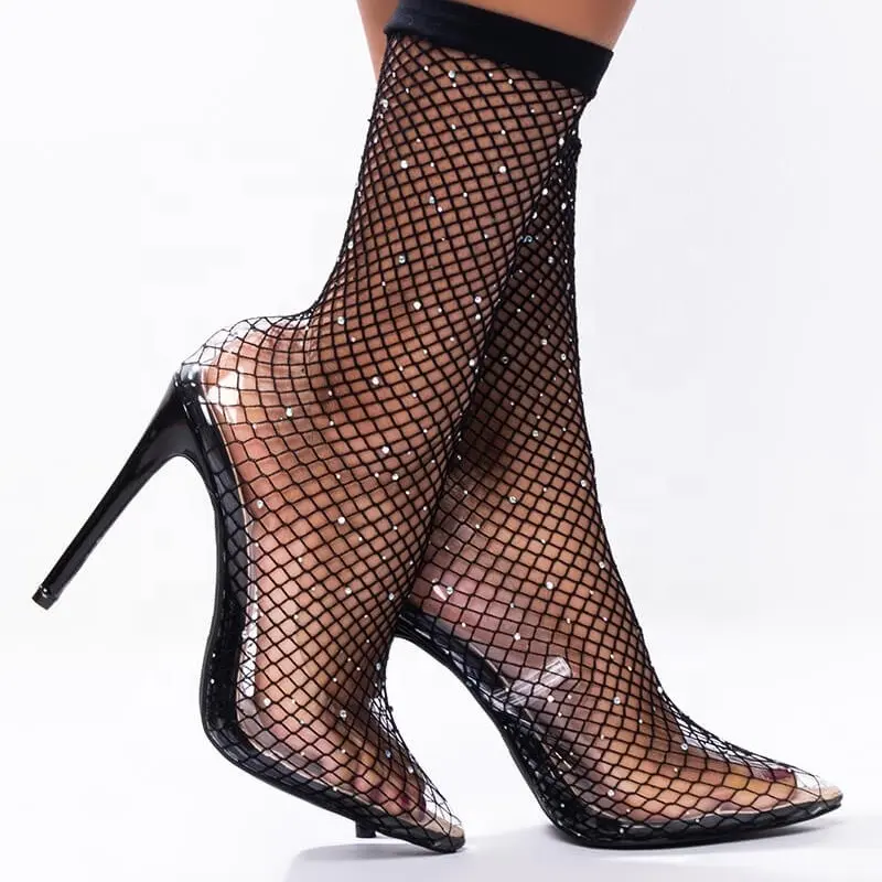 Neueste schwarze Netz strümpfe mit Strass Stiletto Booties Sandalen Damen Shinny Diamonds High Heel PVC Sandalen Stiefel