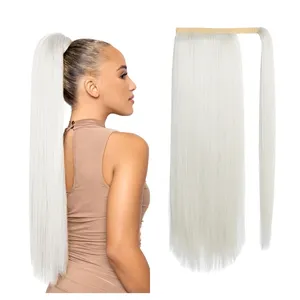 Synthetic Ponytail Hair Extension Clip in Fake Wig Hairpiece Blonde Wrap Around Pigtail Long Smooth Overhead Pony Tail