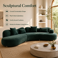 Sofa Lengkung Deep Lounge Berbahan Beludru Lembut, Dua Bagian, Dudukan Rendah, Warna Hijau Chenille untuk Rumah Bergaya Modern